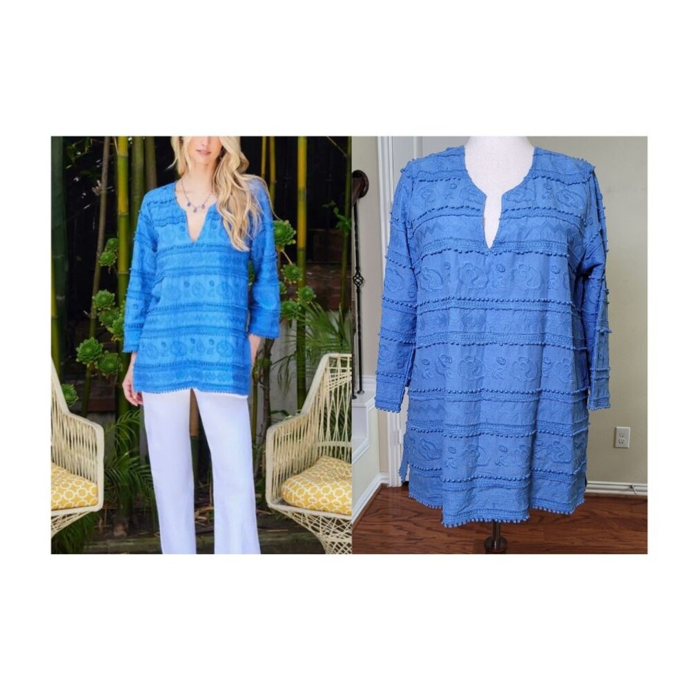 Karen Kane Embroidered Tunic Blue Women XL Cotton Preppy Boho Summer Vacation